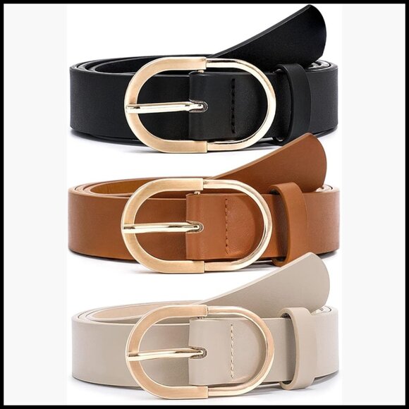 3 Pack Faux Leather Belts with Gold Buckle for Women